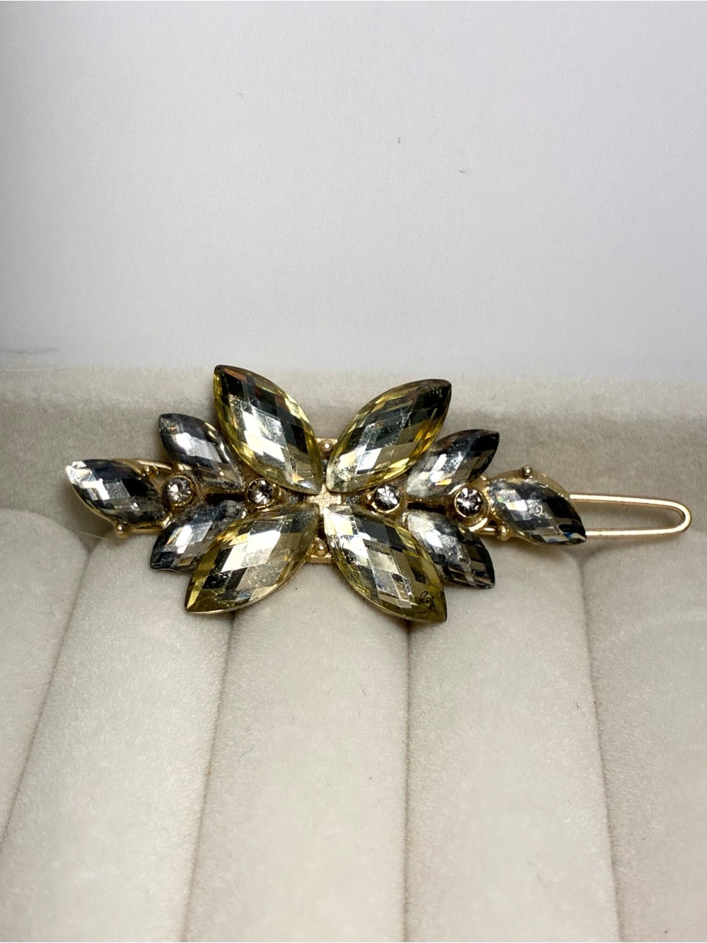 Gold Tone Floral Crystal Rhinestone Hair Barrette 2”